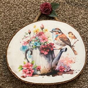 Floral Bird Wall Art on Wood Slice